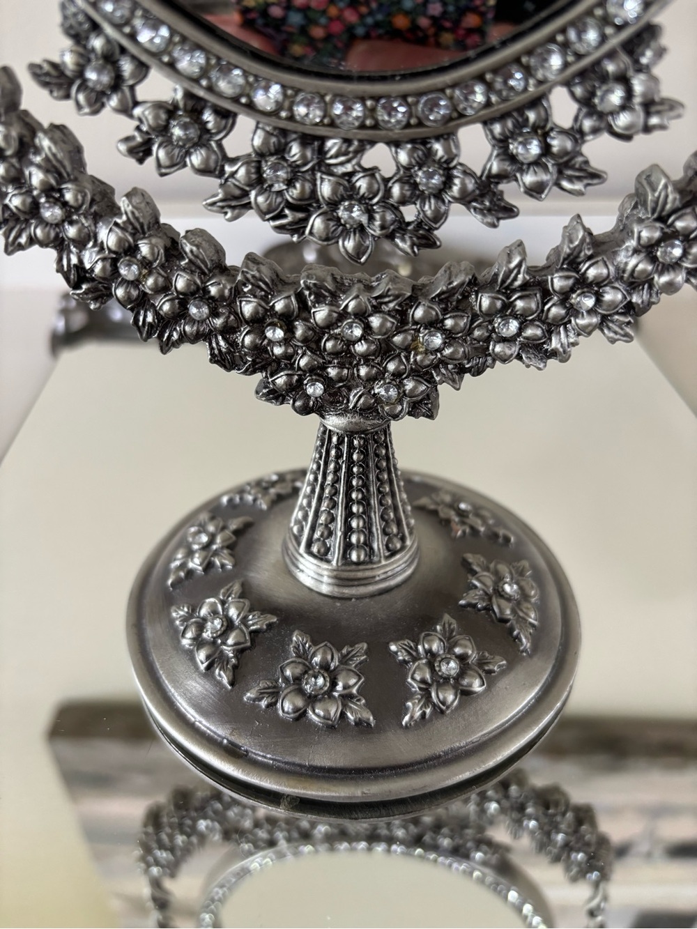 Ornate Silver Floral Oval Vanity Mirror - Picture 3 of 5